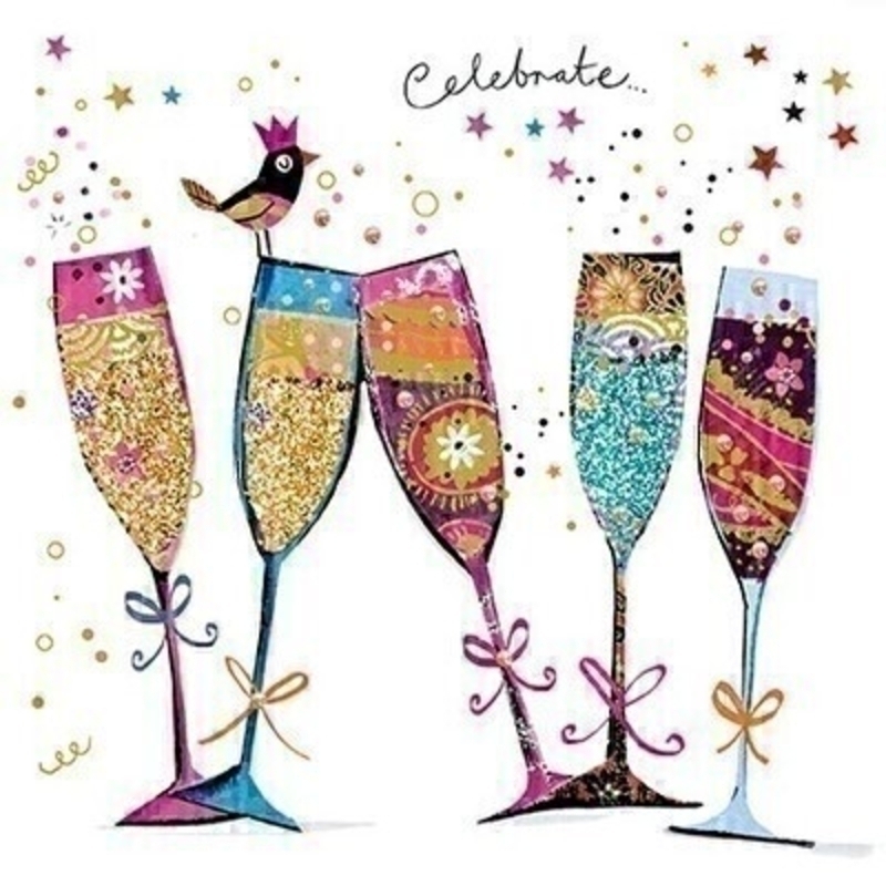 Champagne flutes with small bird celebration greetings card with envelope by The Art Group.  This card is blank inside for you to write your own message.  Perfect for celebration messages or just because.